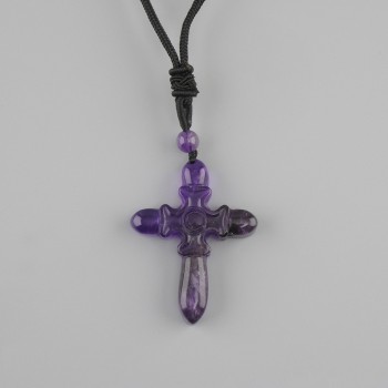 Amethyst Cross Pendant, 47×36 mm diameter ±, on black cord with adjustable drawstring, length 78 cm+