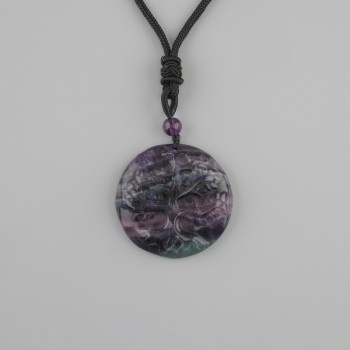 Tree of Life Pendant with Fluorite, 36 mm diameter, on a black cord with adjustable length, 78 cm+