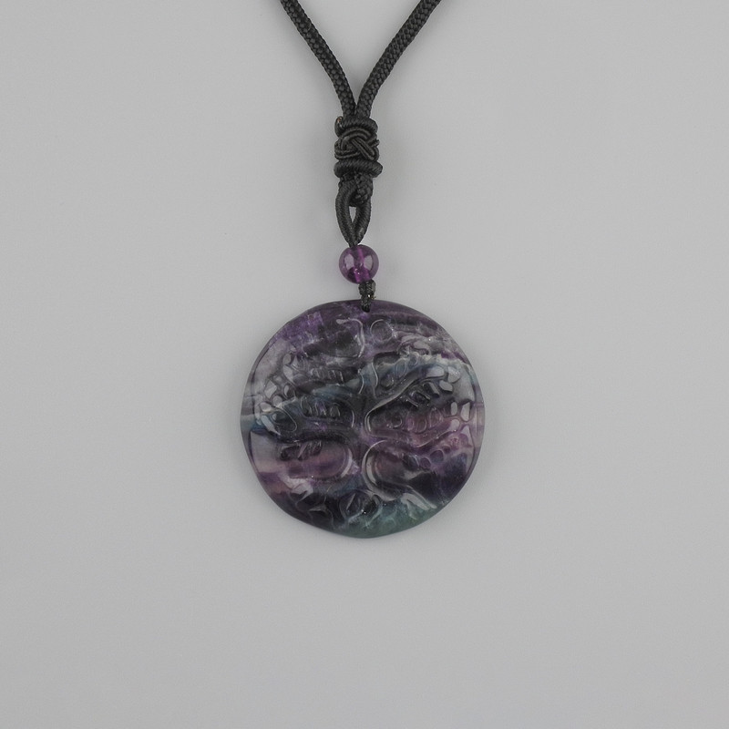 Tree of Life Pendant with Fluorite, 36 mm diameter, on a black cord with adjustable length, 78 cm+