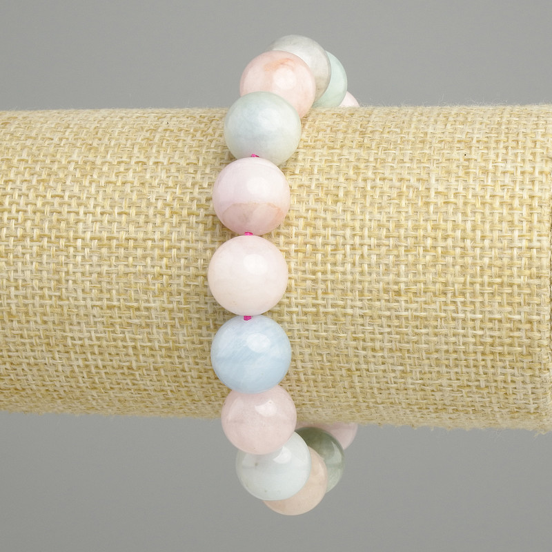Morganite bracelet, natural stone, smooth beads, 12 mm diameter, 18 cm length, stretch