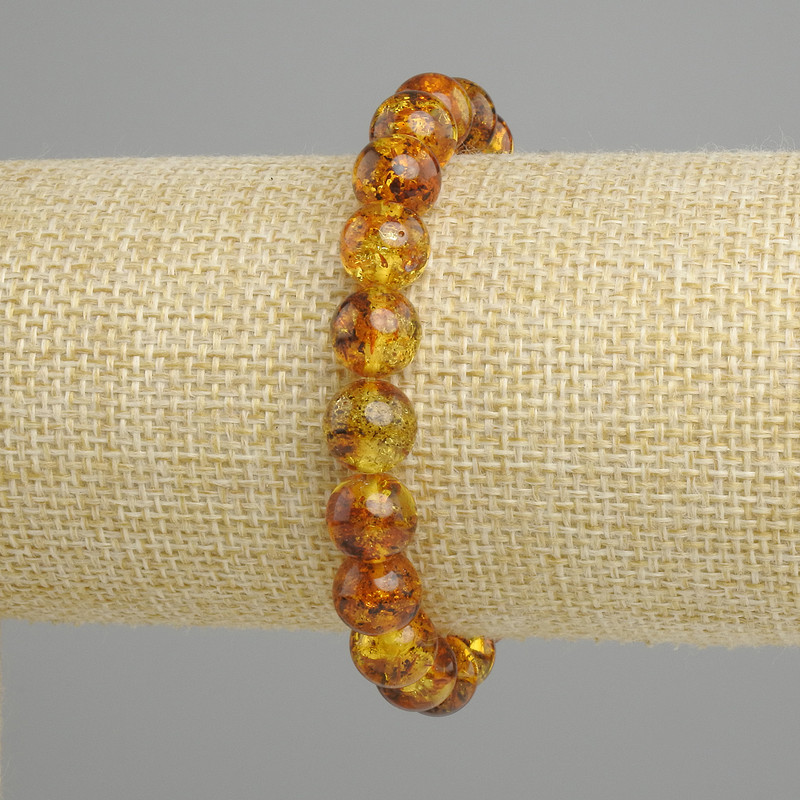 Amber Bracelet with Smooth Beads, 9 mm Diameter, 18 cm Length, Stretch