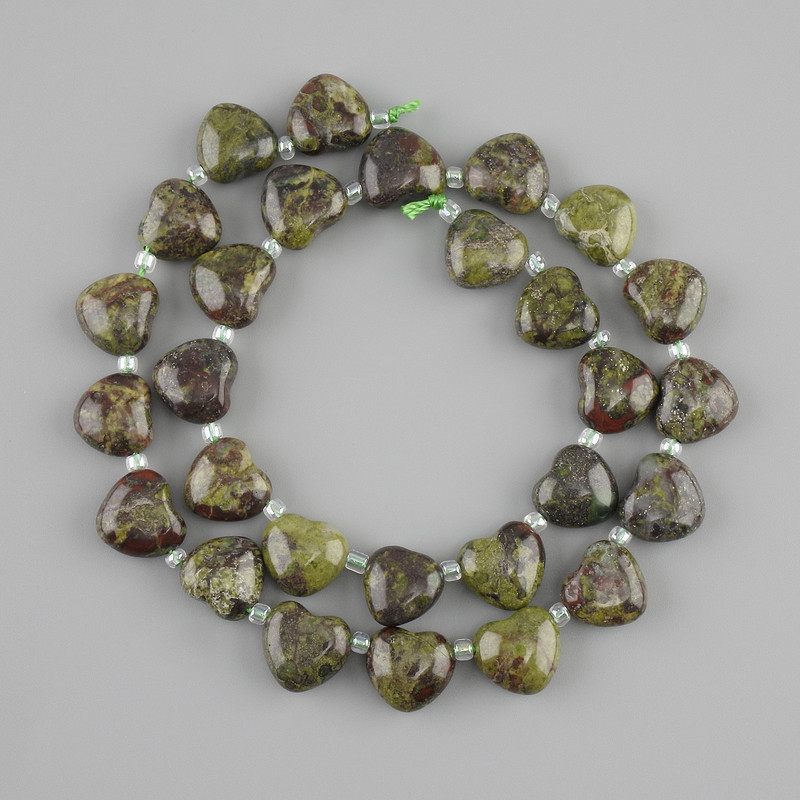 Beads Dragon Blood Jasper Heart, diameter 12 mm ±, seed beads 3 mm ±, length 38 cm ±