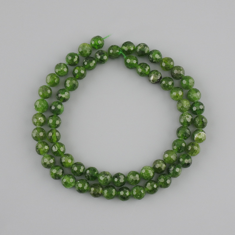 Beads of Diopside — Natural Stone — Faceted Round Beads, 6–6.5 mm, 39 cm Strand
