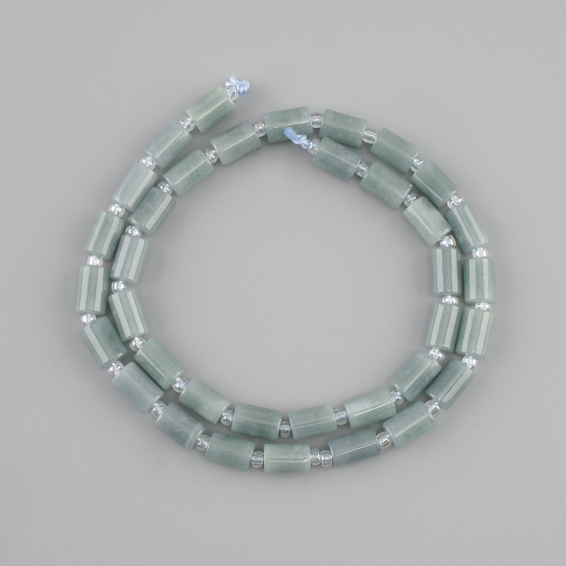 Jadeite Cylindrical Beads, diameter around 8 mm, length around 5 mm, seed beads 3 mm+-, strand length 38 cm+