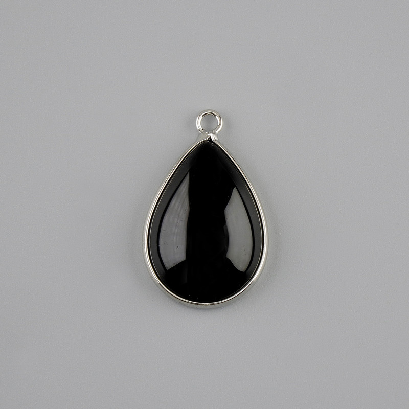 Pendant Black Agate in a Silver-Tone Setting ~ 33×17 mm+
