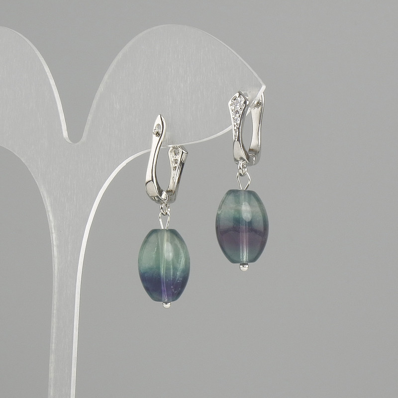 Fluorite barrel bead earrings, diameter 14×10 mm, length 33 mm