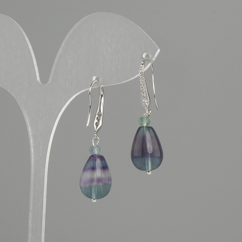 Fluorite Teardrop Earrings, diameter 14×10 mm, length 37 mm ±