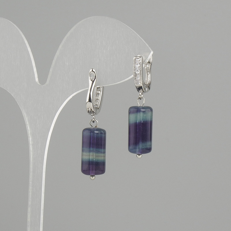 Fluorite Cylinder Earrings, diameter 16×8 mm, length 32 mm ±