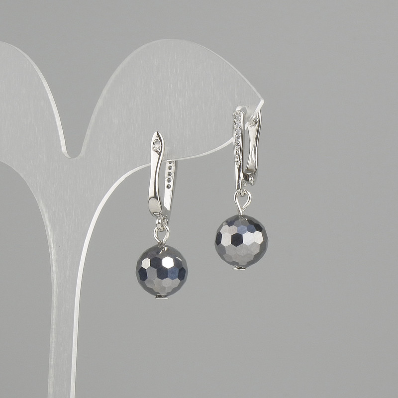 Terahertz Earrings with Faceted Bead, 10 mm Diameter ±, 30 mm Length ±