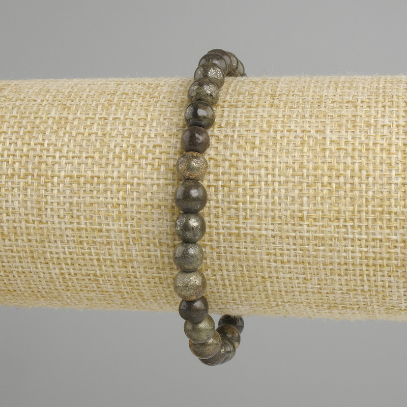 Bracelet Pyrite (Imitation) Smooth Beads, 6 mm Diameter, 18 cm Length ± Stretch