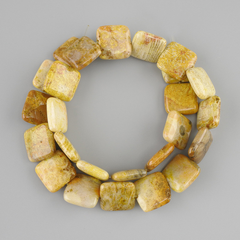 Fossilized Coral Beads, Rectangular 15x15 mm, Length approx. 38 cm, on a beading thread