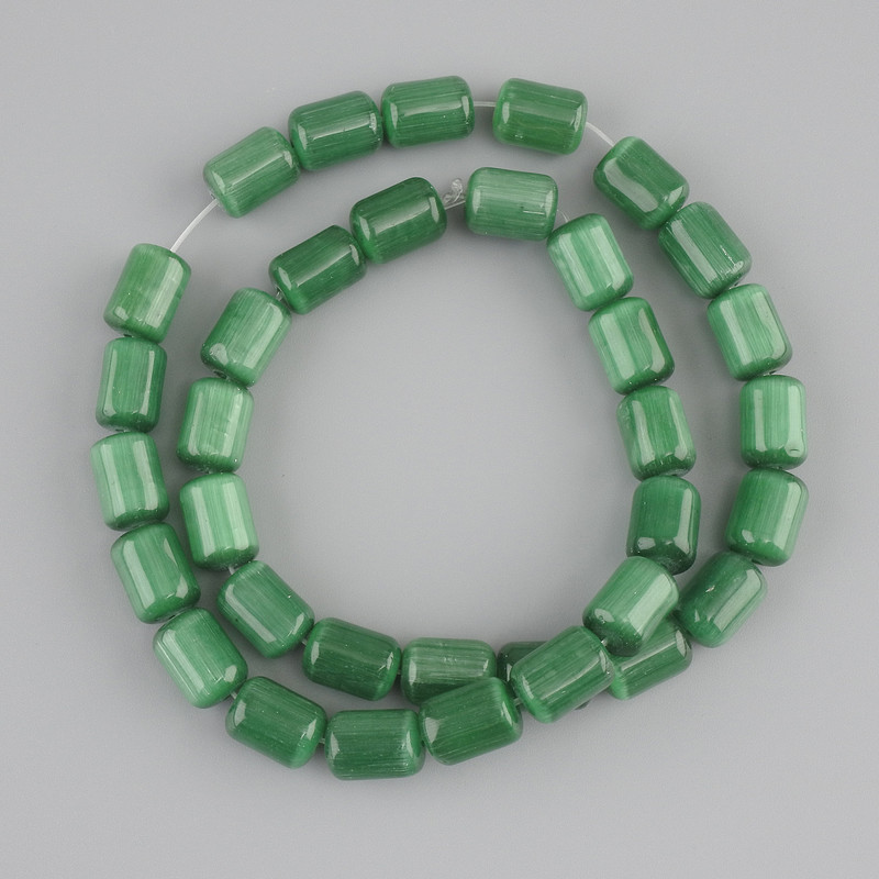 Green Cat's Eye Beads Cylindrical, 11×8 mm, 38 cm length on thread