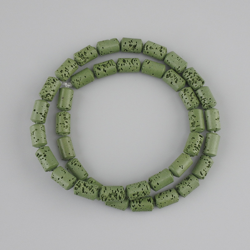 Green Lava Beads, Cylindrical, 10×6 mm, on thread, length approx. 38 cm