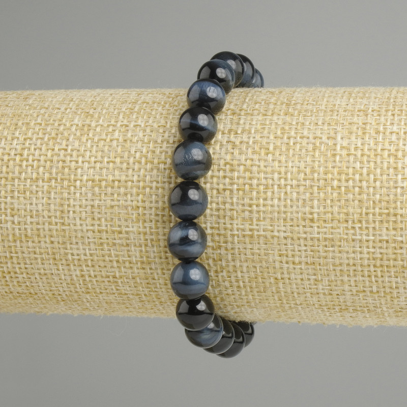 Natural Hawk's Eye Stone Bracelet, smooth round beads, 8 mm diameter, 18 cm length, elastic