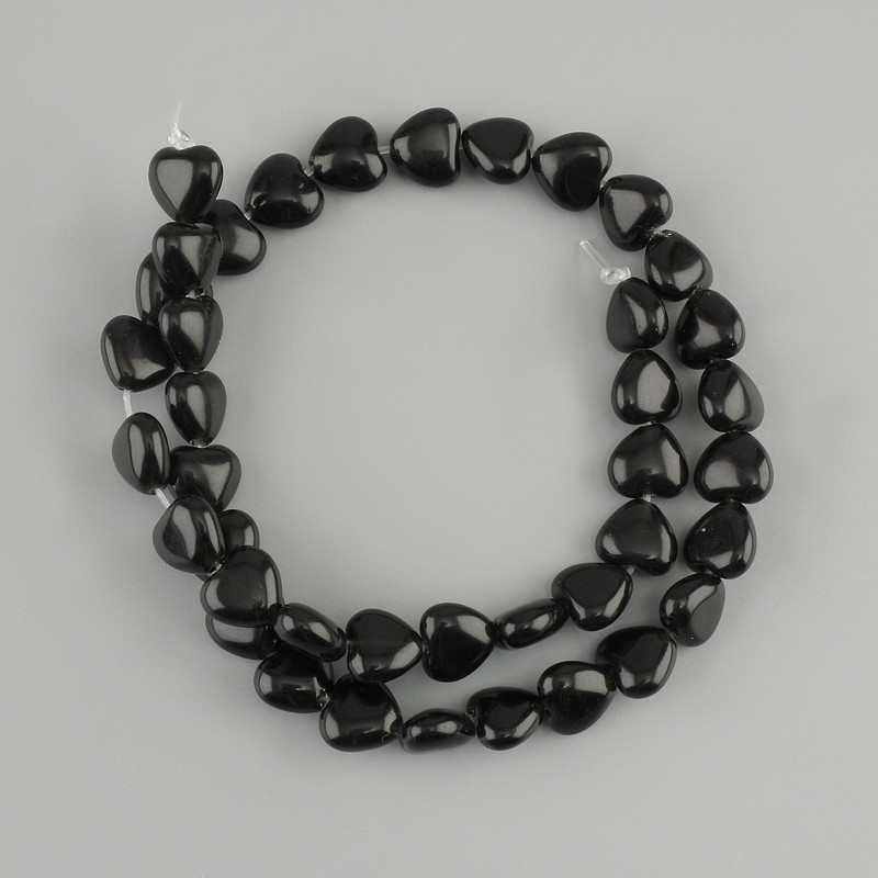 Beads Black Agate Heart, 10x9 mm, 5 mm +/-, length 35 cm +/- on beading thread