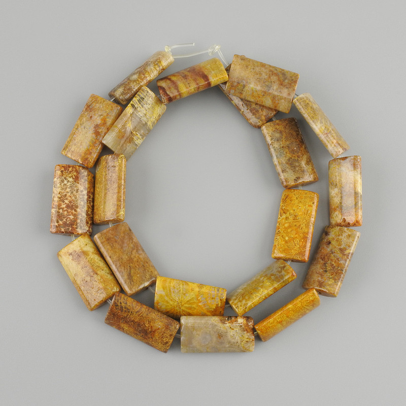 Beads of Fossilized Coral, Rectangular 20×11 mm, 5-12 mm ±, Length about 39 cm on monofilament