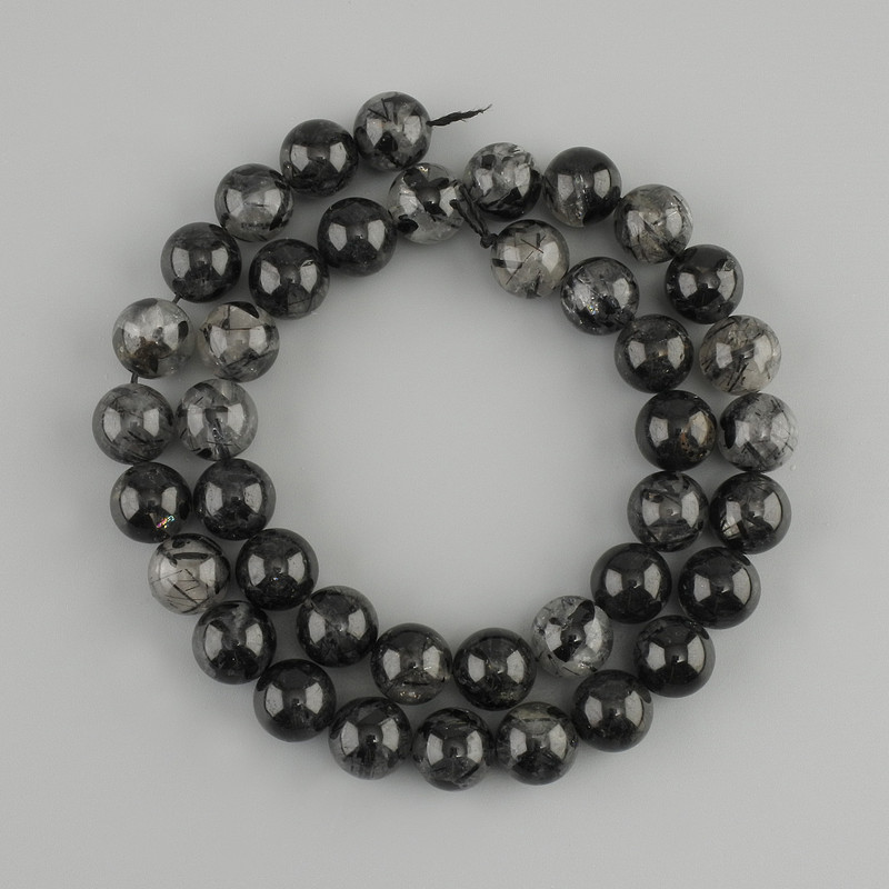 Beads of Rutilated Quartz with Schorl Tourmaline Inclusions, Smooth Spheres, Diameter 9.5–10 mm, Length 38 cm on Thread