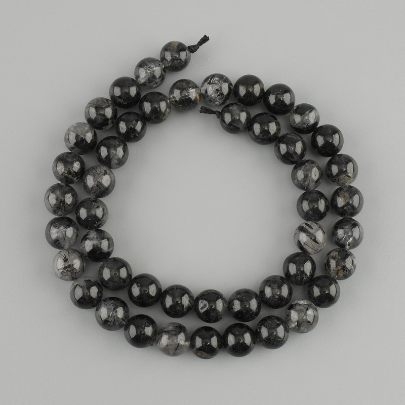Beads of natural rutile quartz with Schorl inclusions, smooth round beads, 8 mm diameter, 38 cm length ± on thread