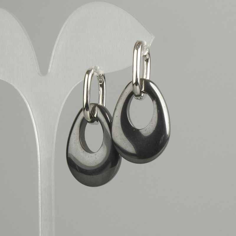 Earrings 'Bagel' with Hematite, teardrop, diameter 27×19 mm, length 35 mm ±, total length 40 mm ±