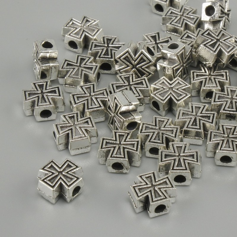 Cross bead insert findings, silver-colored metal, 7×7 mm diameter, hole 2.2 mm, packaging 20 g (~37 pcs)