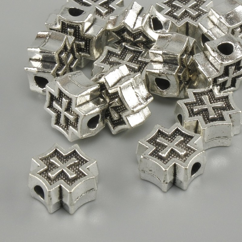 Cross-shaped bead insert, silver color, 9×9 mm ±, hole diameter 2.6 mm ±, packaging 20 g (~14 pcs.)