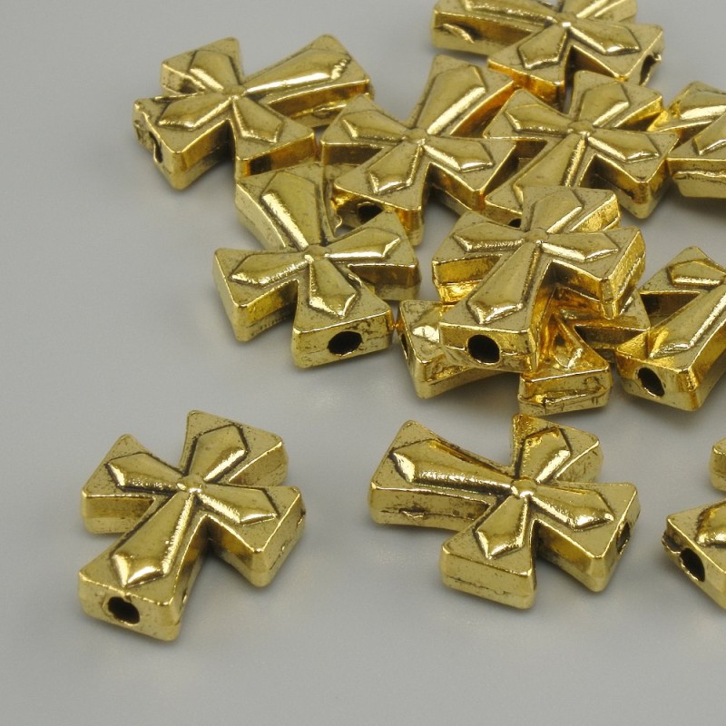 Cross Bead Insert, Yellow Gold Color, 13×11 mm ± hole 2.3 mm ±, packaging 20 g (~14 pcs)