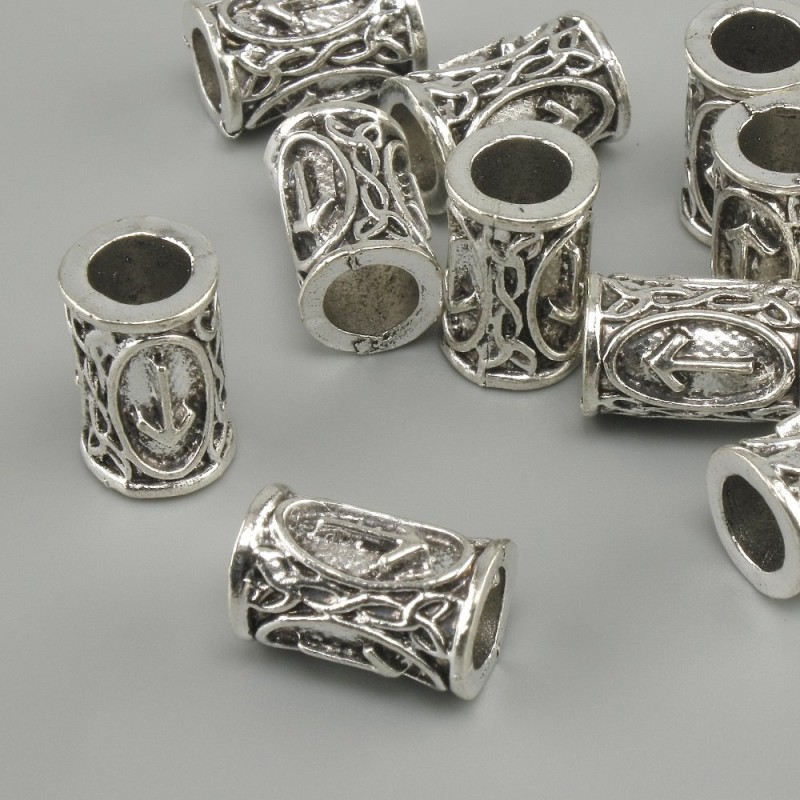 Norse Rune Bead, diameter 13x9mm, hole 6mm, silver-tone metal finish, pack of 10