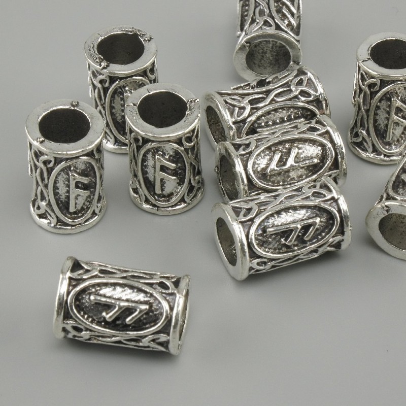 Bead findings Nordic Rune bead, diameter 13x9mm, hole diameter 6mm, silver-tone metal finish, 10 pcs