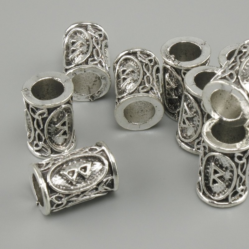 Bead Norse Rune, silver-tone metal finish, 13×9 mm diameter, hole diameter 6 mm, 10 pcs