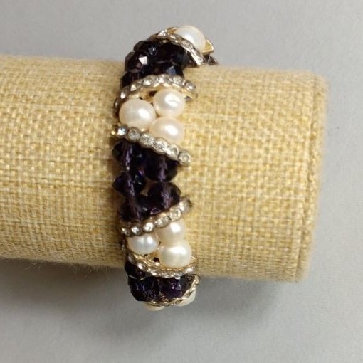 Clearance! Freshwater Pearl Bracelet with Czech Crystal, 18 cm length, elastic