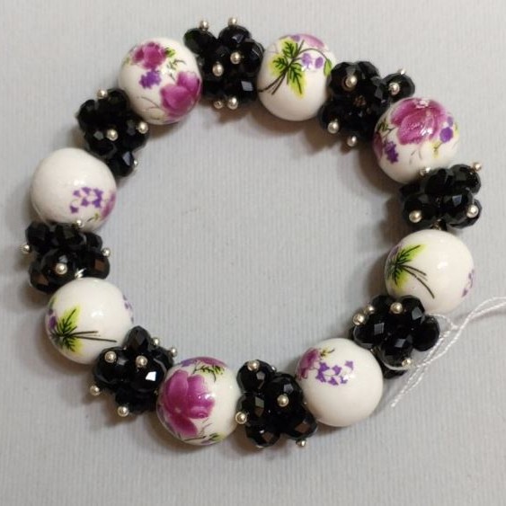 Bracelet with Czech Glass and Pressed Agate, 18 cm, stretch