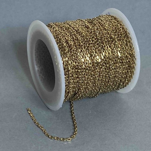 Spool chain findings for jewelry, 2 mm thick, 18 m long, gold-tone metal