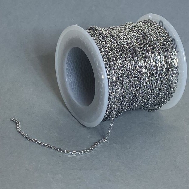 Bobbin chain findings for jewelry, thickness 1.5 mm ±, length 18 m ±, stainless steel