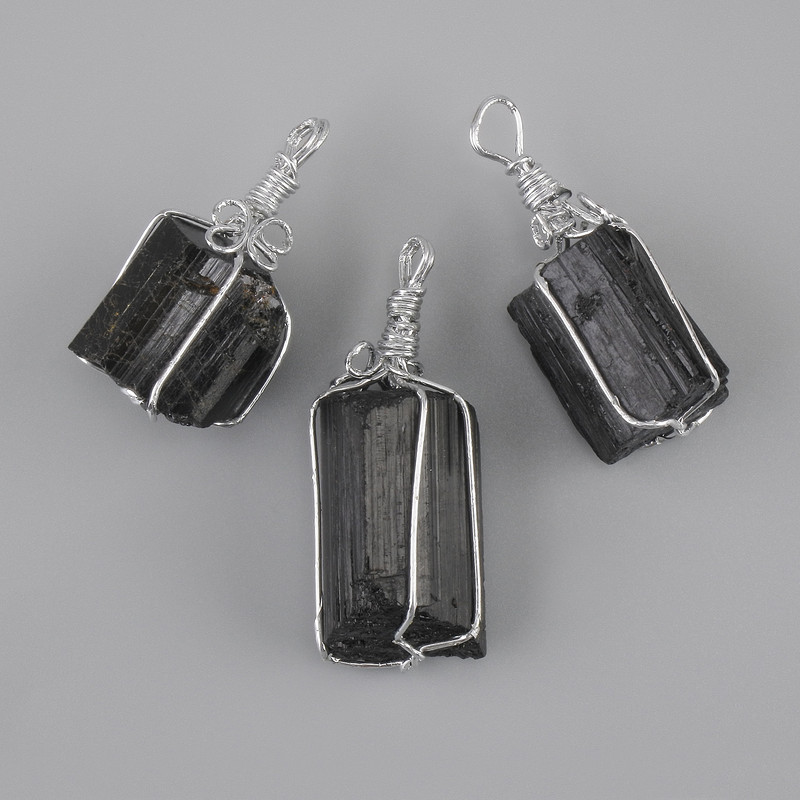 Raw Schorl Tourmaline Pendant in Silver-Wrapped Setting 24x22 mm ±, length 43 mm ± (assorted sizes)