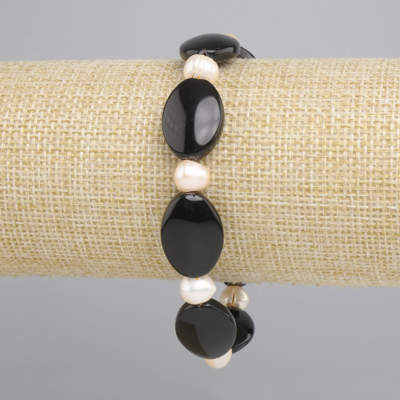 Agate Bracelet oval 20x14mm+- Freshwater Pearls, diameter 7-8x6-7mm+-, length 18cm+- stretch