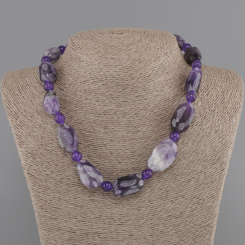 Amethyst Necklace tumbled 17-26x12-18mm+- smooth ball 8mm+-, length 45cm+- with clasp