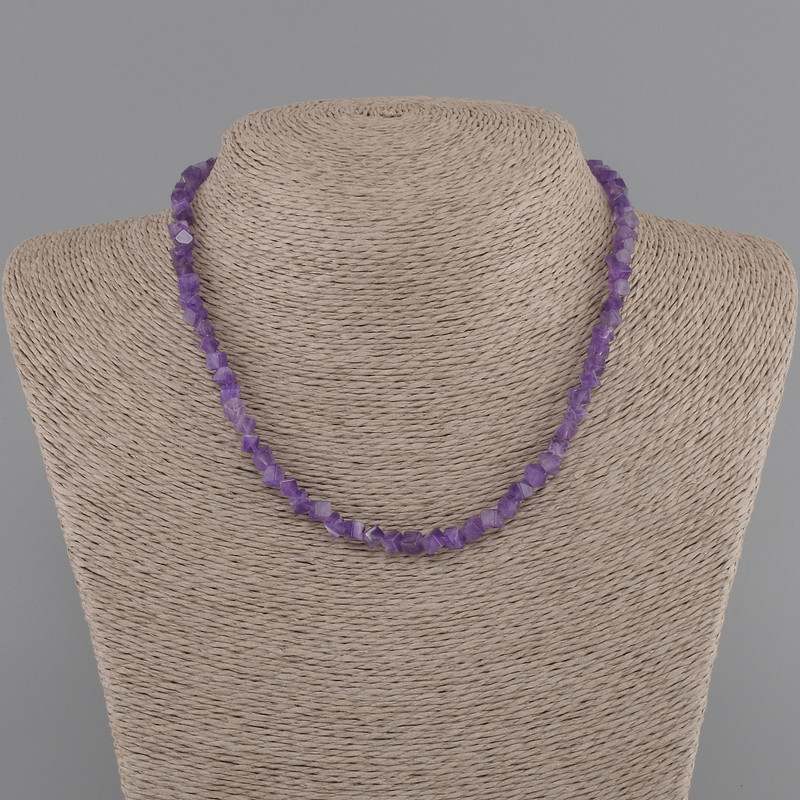 Amethyst Necklace cube with cross hole 4mm+-, length 40cm +5cm extension chain