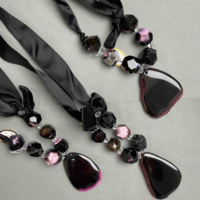 Necklace with Agate and Czech Crystal on Ribbon, length 62 cm+