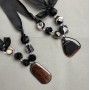 Necklace with Agate and Czech Crystal on Ribbon, Length 62 cm+