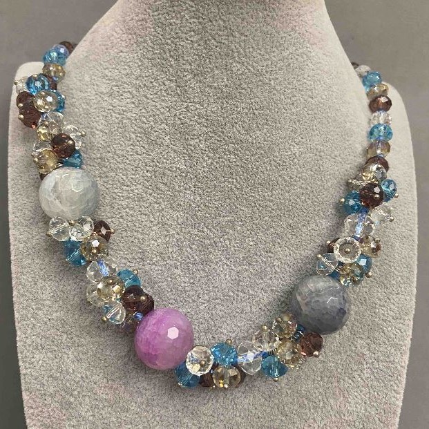 Necklace with Agate and Czech Crystal, length 55 cm+