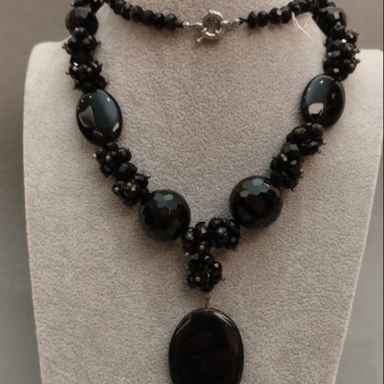 Agate and Czech Crystal Necklace, 63 cm+