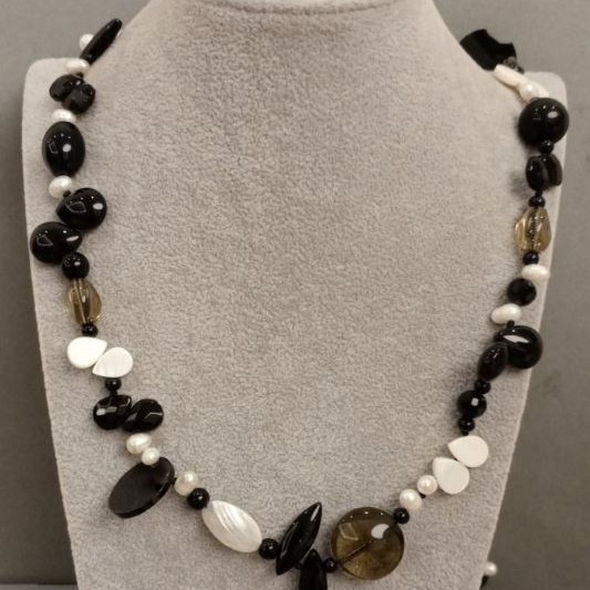 Long Necklace with Agate and Smoky Topaz, 110 cm+