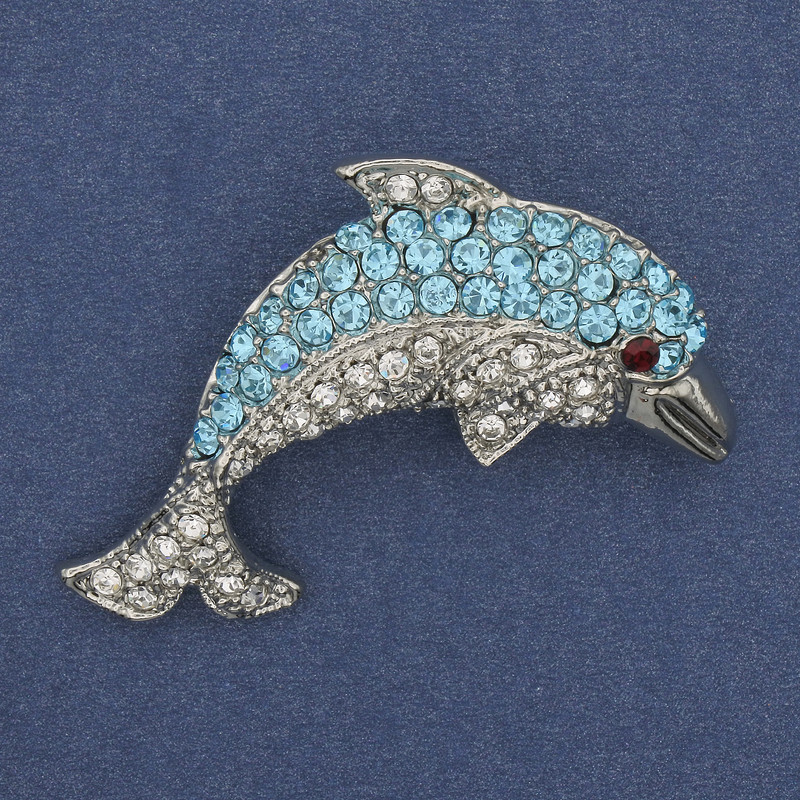 Dolphin Brooch with Rhinestones, Silver-tone metal 44×25 mm+