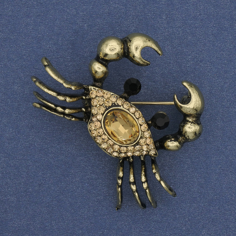 Crab Brooch with Rhinestones, Gold-Tone Metal, 43×35 mm