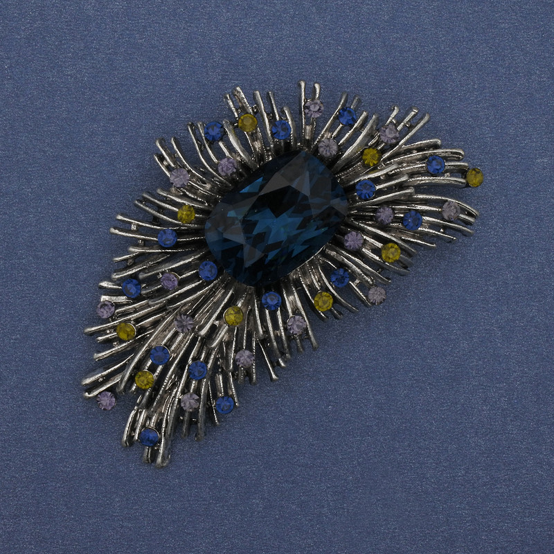 Brooch 'Accent' with Blue Crystal, Rhinestones, Silver-Tone Metal 60×42 mm+