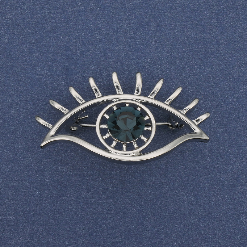 Brooch 'Eye Accent' with Blue Crystal, Silvery Metal, 40×22 mm+
