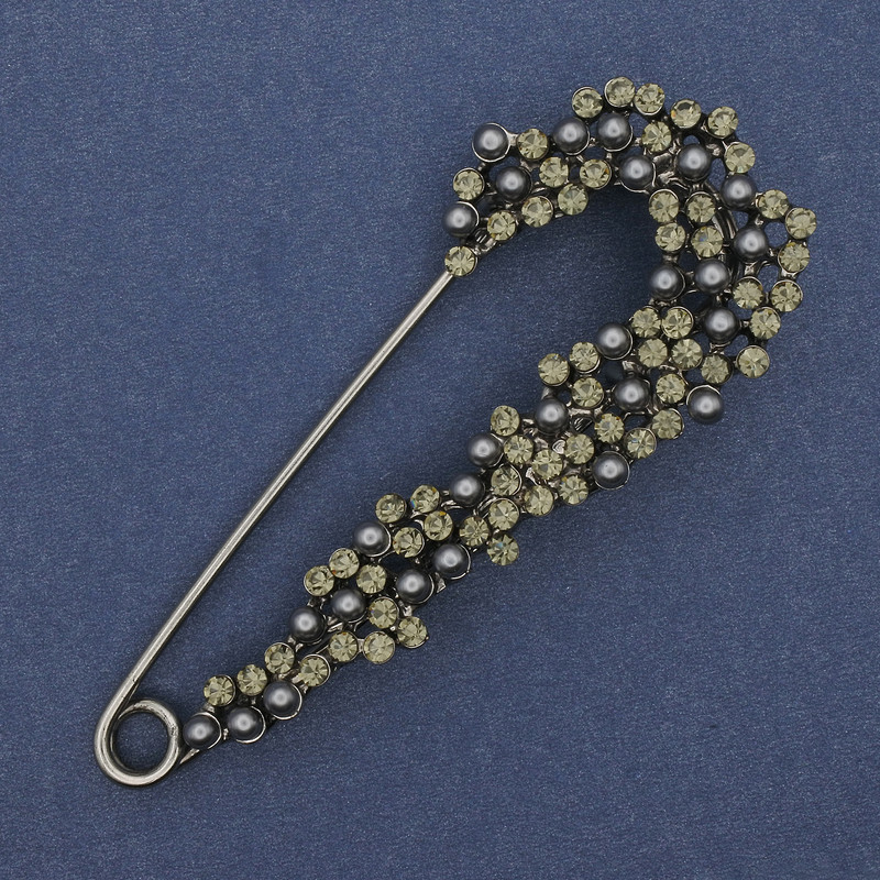 Brooch pin with Majorca pearls and crystals, 75×31 mm ± silver-toned metal