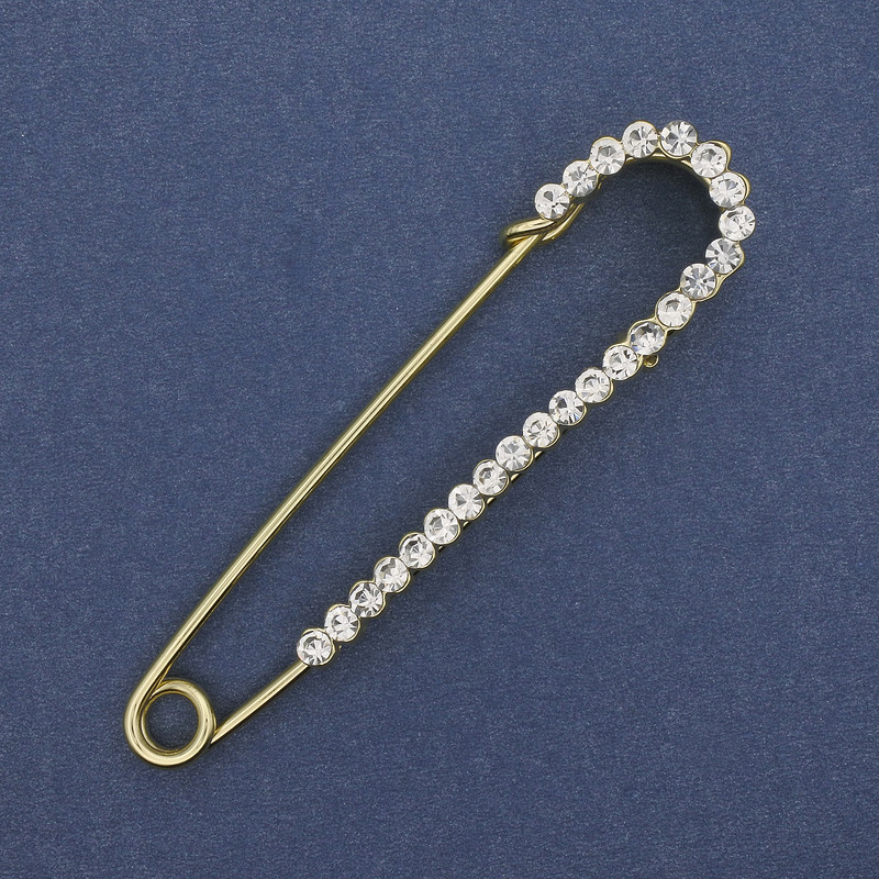 Brooch pin with white crystals, 72×17 mm ± gold-tone metal