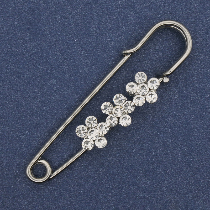 Brooch pin with white crystals 48x10 mm ± silver-tone metal