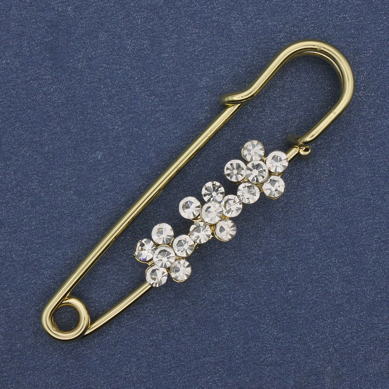Brooch pin with white rhinestones, gold-tone metal, 48×10 mm ±